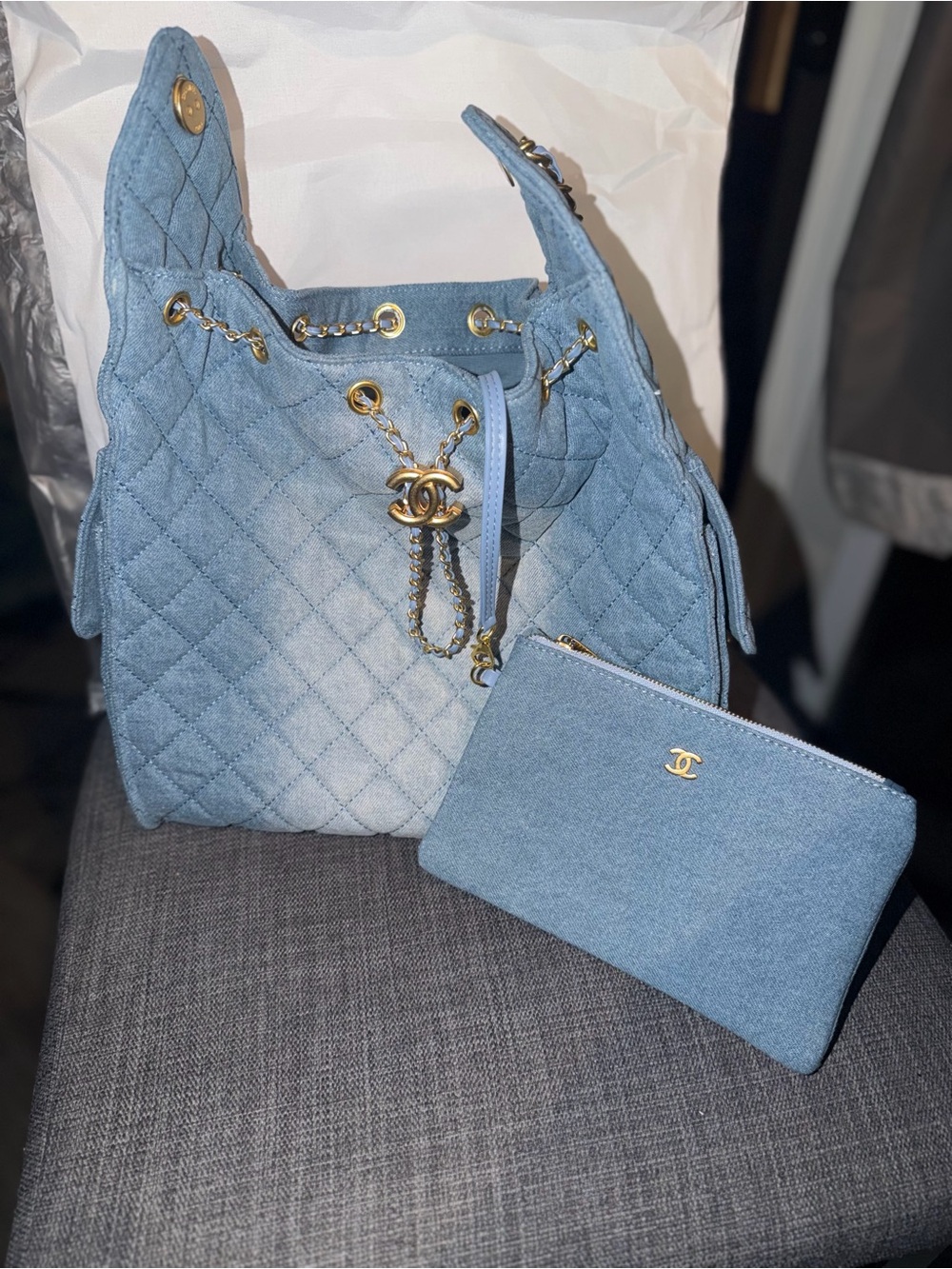 Designer Inspired Light Blue Denim Drawstring Bucket Bag with Pouch